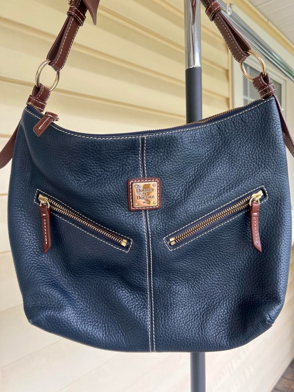 Dooney & Bourke Pebble Leather Shoulder Bag  Navy Blue/Cognac Trim - medium size